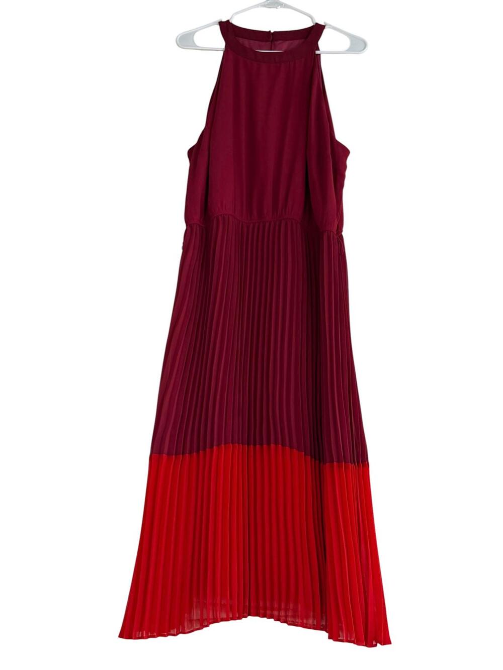 Sandra Darren Burgundy Red Pleated Halter Midi Dress